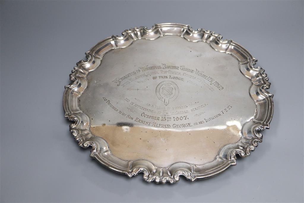 A late Victorian silver salver, with later engraved inscription, William Hutton & Sons, 1894, 30.5cm,